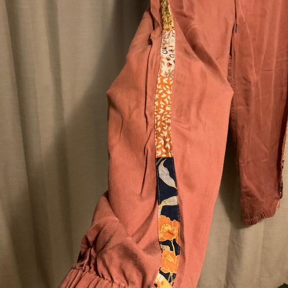 Super soft deep mauve jogger style pants with bohemian fabric side strips - Picture 7 of 8